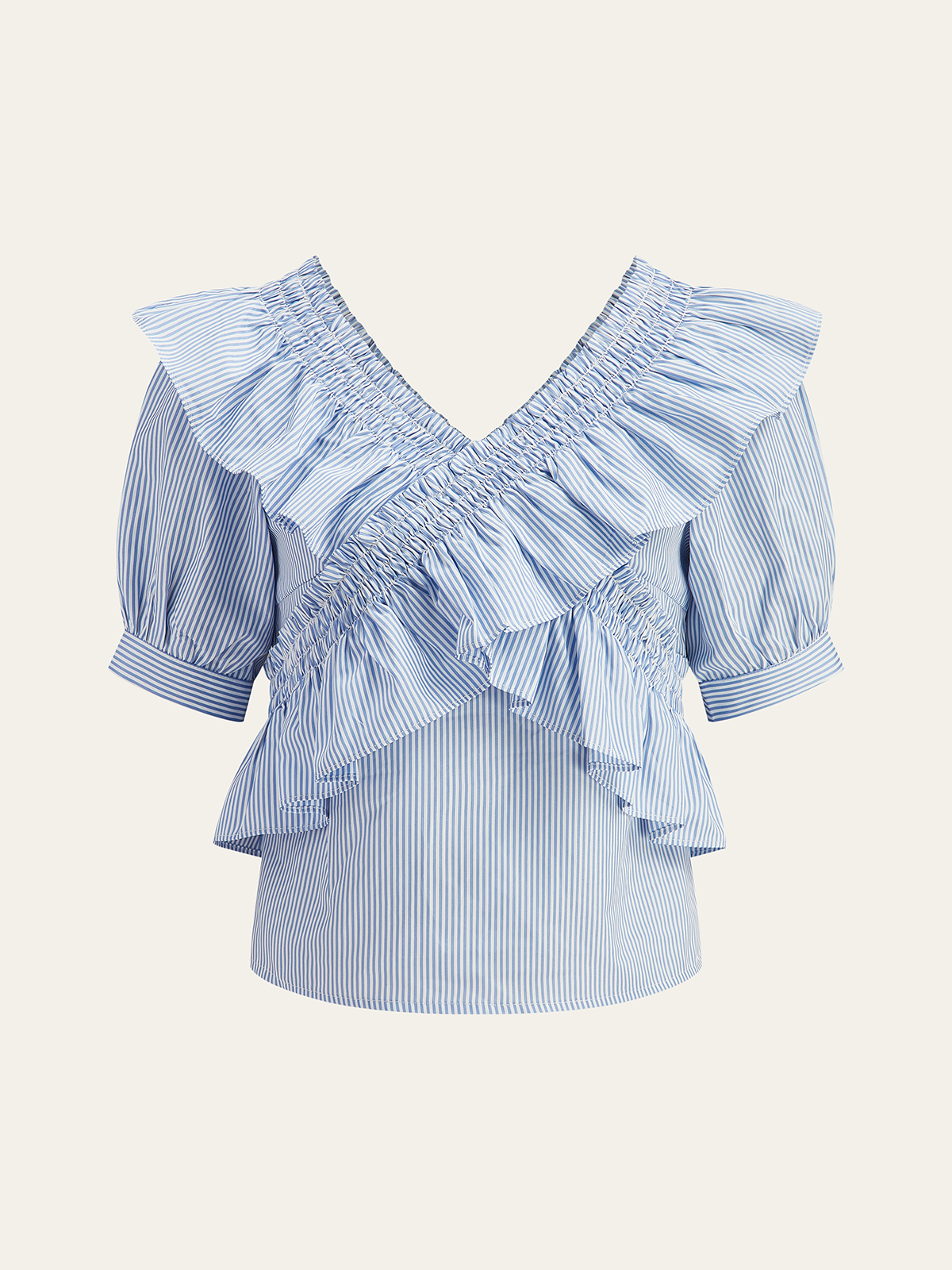 Striped Ruffle V-Neck Puff Sleeve Top