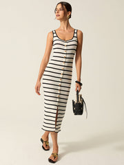 Striped Knit Midi Dress with Front Buttons and Slit Detail