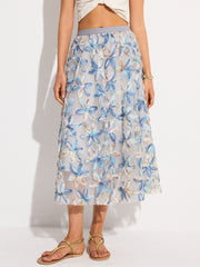 Semi-Sheer Floral Embroidered Mesh Midi Skirt