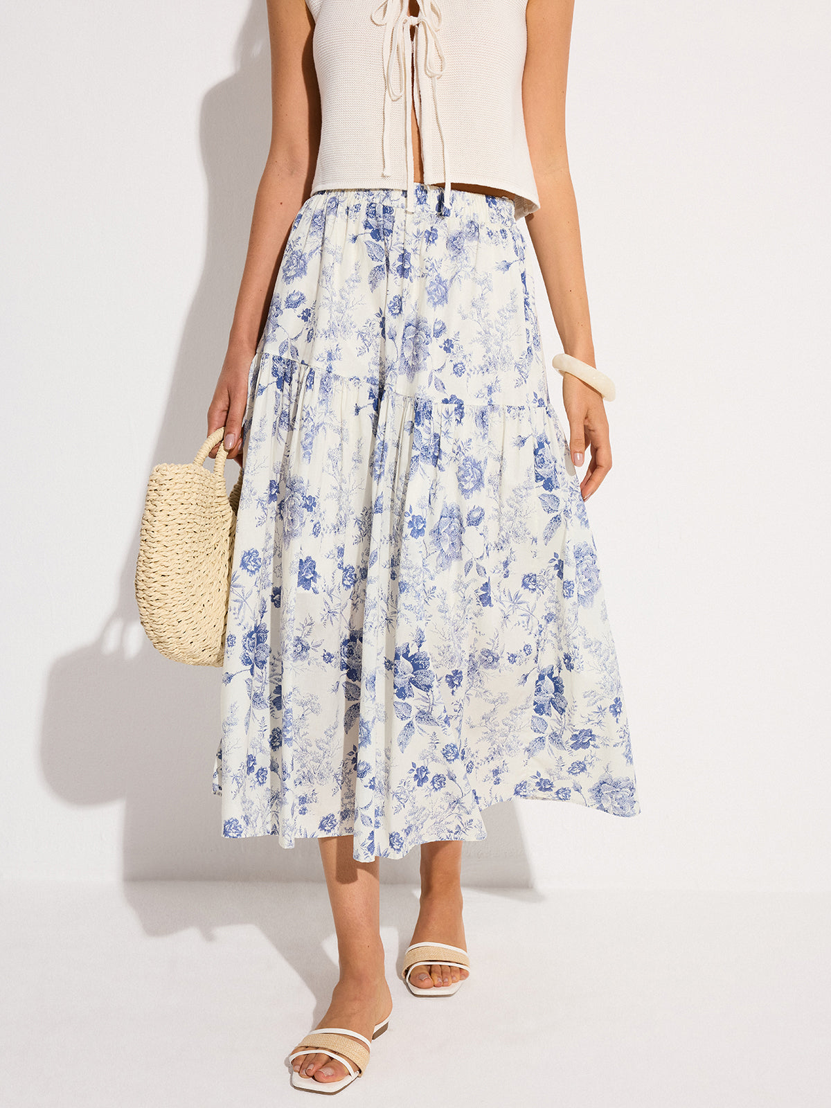 Floral Print Elastic Waist Midi Skirt