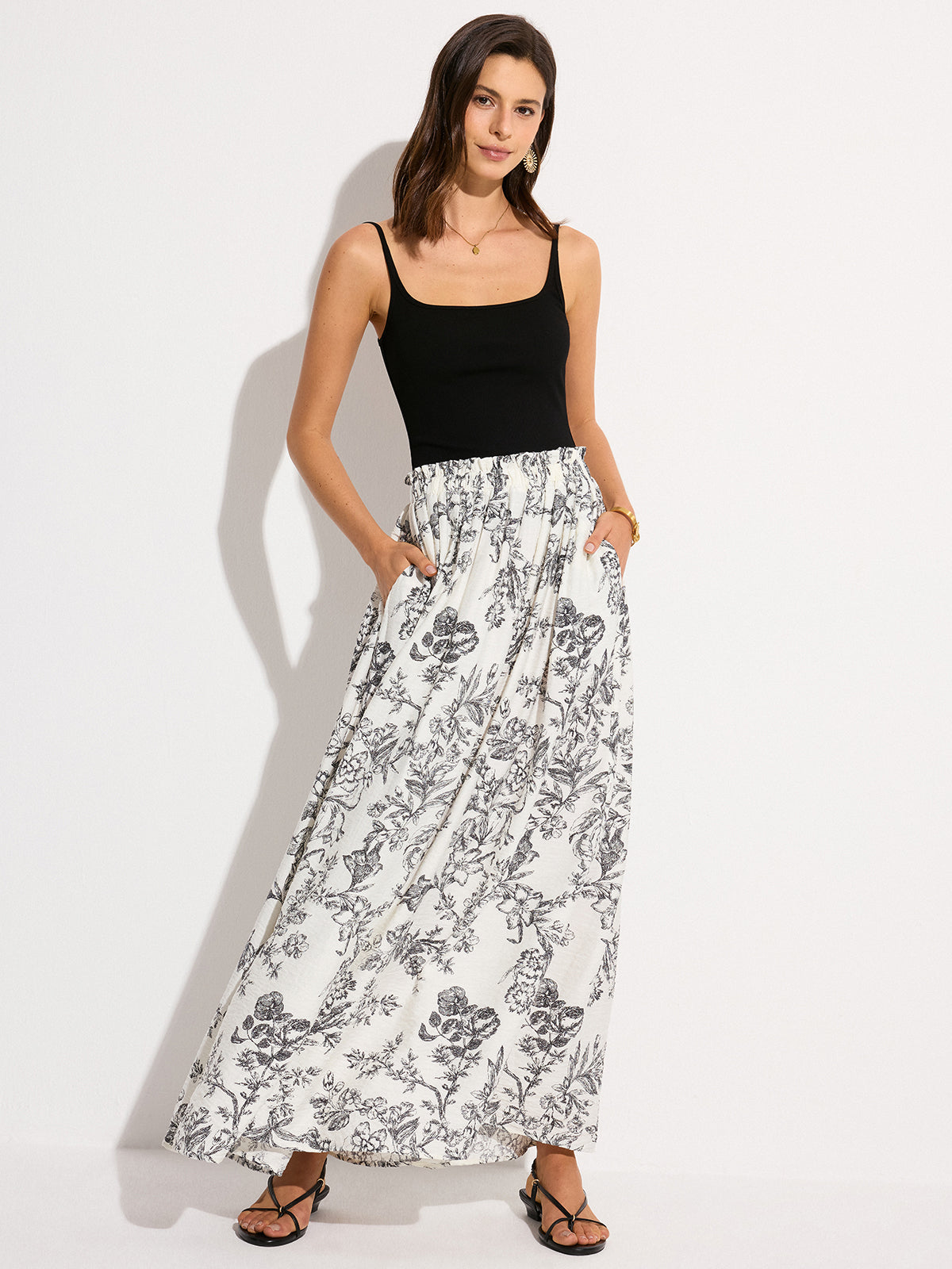 Pocketed Floral Print Maxi Skirt