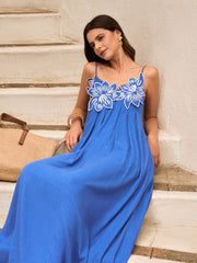 Cotton & Linen Floral Detail Cami Dress With Pockets