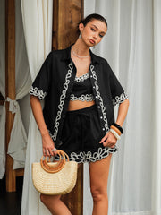 Embroidered Trim Three-Piece Shorts Set