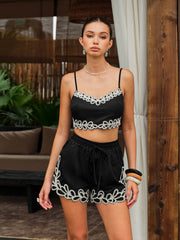 Embroidered Trim Three-Piece Shorts Set
