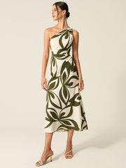 One-Shoulder Printed Midi Dress