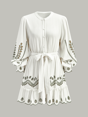 Linen & Cotton Embroidered Belted Mini Dress