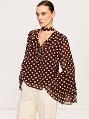 Semi-Sheer Polka Dot Bell-Sleeve Chiffon Blouse