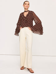 Semi-Sheer Polka Dot Bell-Sleeve Chiffon Blouse