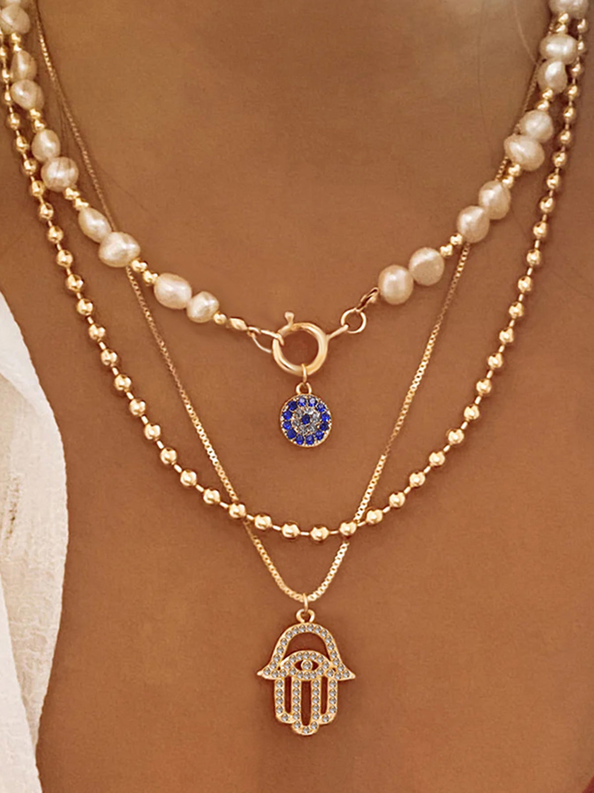 Pearl & Hamsa Hand Multi-Layer Necklace Set