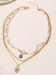 Pearl & Hamsa Hand Multi-Layer Necklace Set