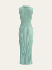 Ribbed Textured Knit Midi Dress with Polo Collar