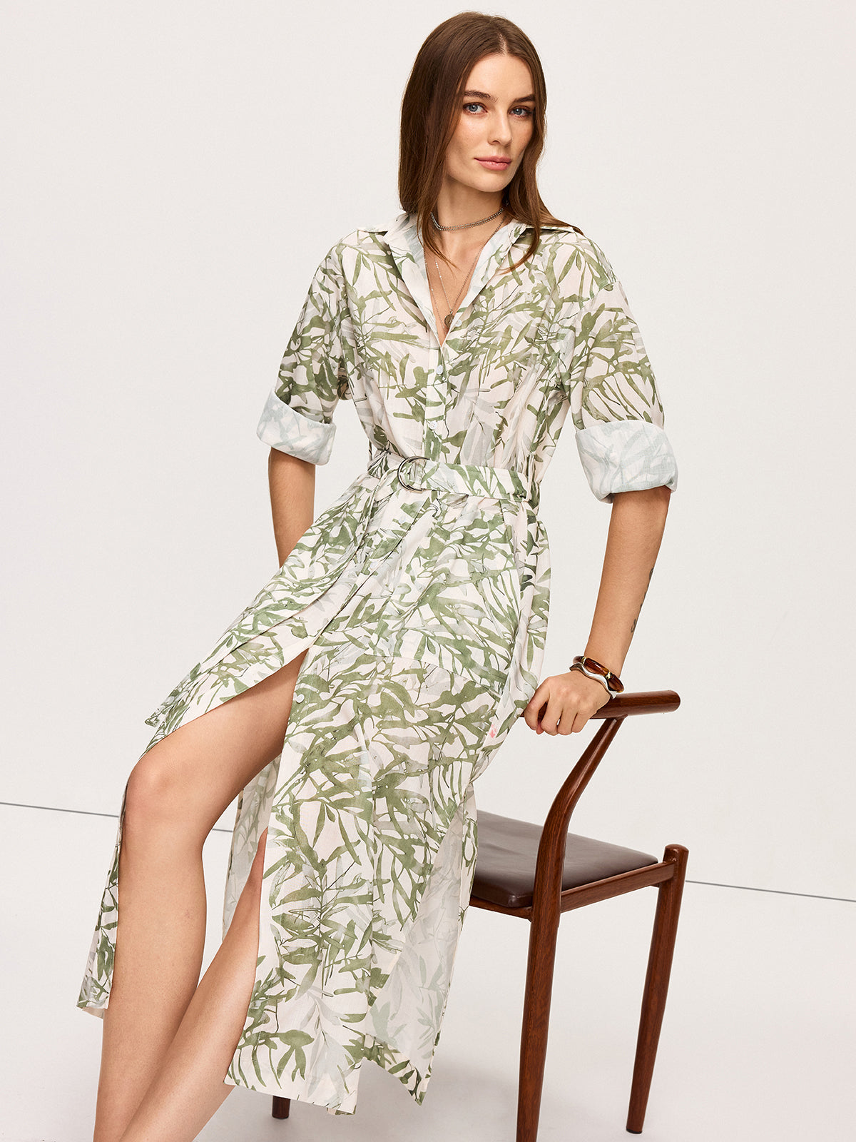 Leaf Printed  Belted Midi Dress with Slits