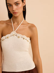 Crochet Halter Top with Floral Trim