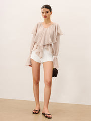 Semi-Sheer Ruffle Layered Chiffon Blouse