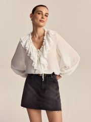 Ruffled V-Neck Chiffon Blouse