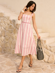 Striped Linen & Cotton Tiered Midi Dress