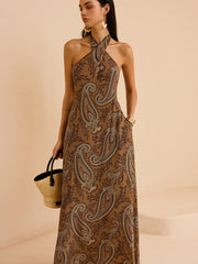 Paisley Print Halter Backless Maxi Dress