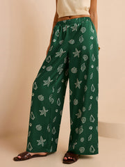 Oversized Mid-Waist Pants with Seashell and Starfish Prints