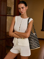 Semi-Sheer Crochet Knit Button-Front Vest