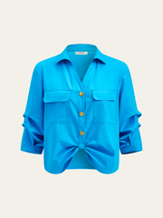 Pocketed Button-Up Blouse with Front Knot