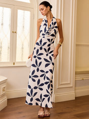 Semi-Sheer Halter Neck Backless Maxi Dress