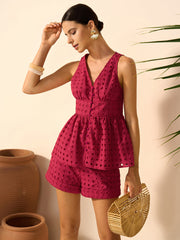 Eyelet Peplum Top With Shorts Set