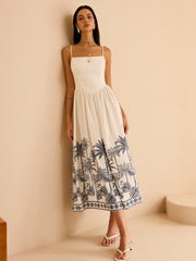 Semi-Sheer Tropical Palm Print Tie-Back Maxi Dress