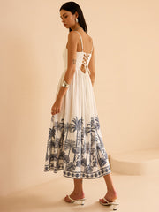 Semi-Sheer Tropical Palm Print Tie-Back Maxi Dress