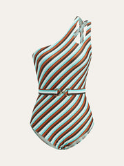 Asymmetrical Striped Belted One-Piece Swimsuit