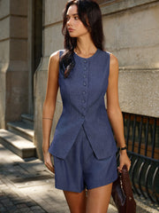 Sleeveless Button-Front Vest and Shorts Set