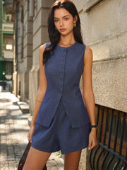 Sleeveless Button-Front Vest and Shorts Set