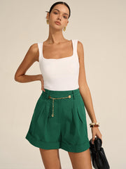 Pleated Cuffed Shorts with Gold Chain Detail