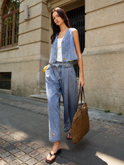 Denim Embroidery Tie-Waist Pants