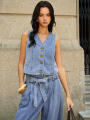 Denim Embroidery V-Neck Vest