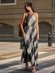 Checkered Halter Backless Maxi Dress