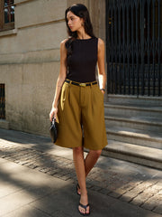 Belted Mid-Waisted Pleated Shorts