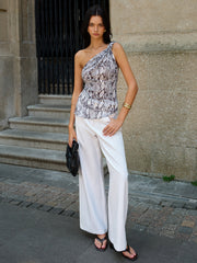 Semi-Sheer Snake Print One-Shoulder Backless Top
