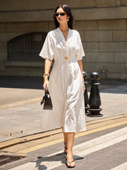 Metal Decor V-Neck Midi Dress