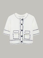 Short-Sleeved Cropped Cardigan with Contrast Stitching