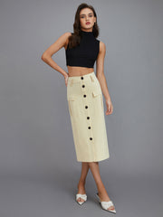 Pocketed Button-Front Midi Skirt