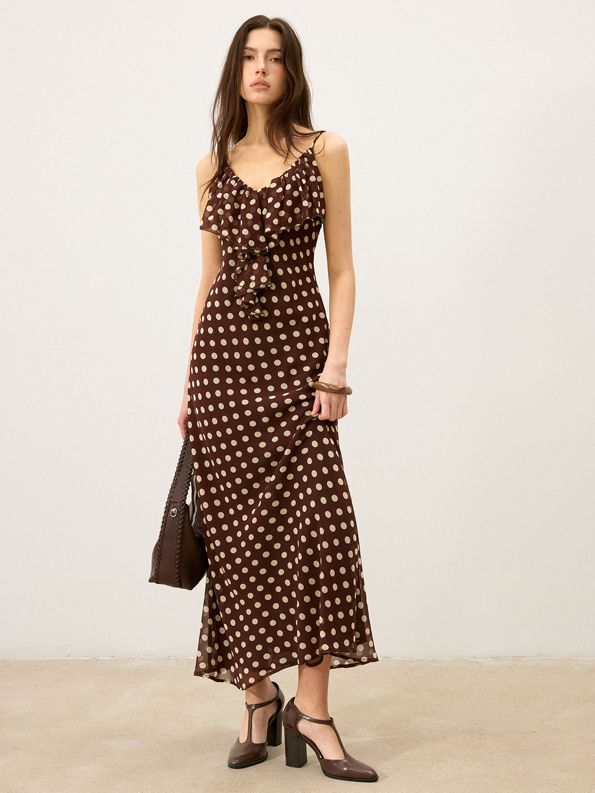 Semi-Sheer Polka Dot Ruffle Cami Maxi Dress