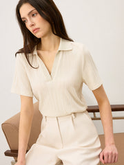 Ribbed Polo-Neck Knit Top