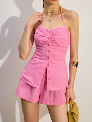 Halter Button-Front Shorts Set