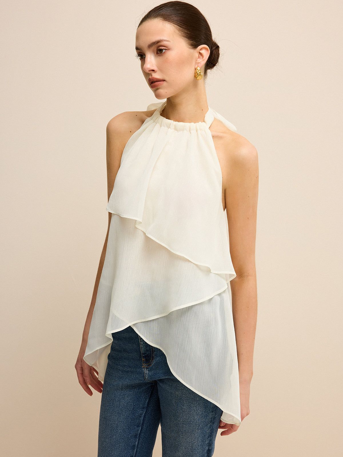 Semi-Sheer Layered Asymmetric Halter Chiffon Top