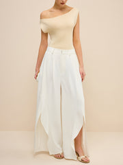 Mid-Waisted Wide-Leg Pants with Side Slits