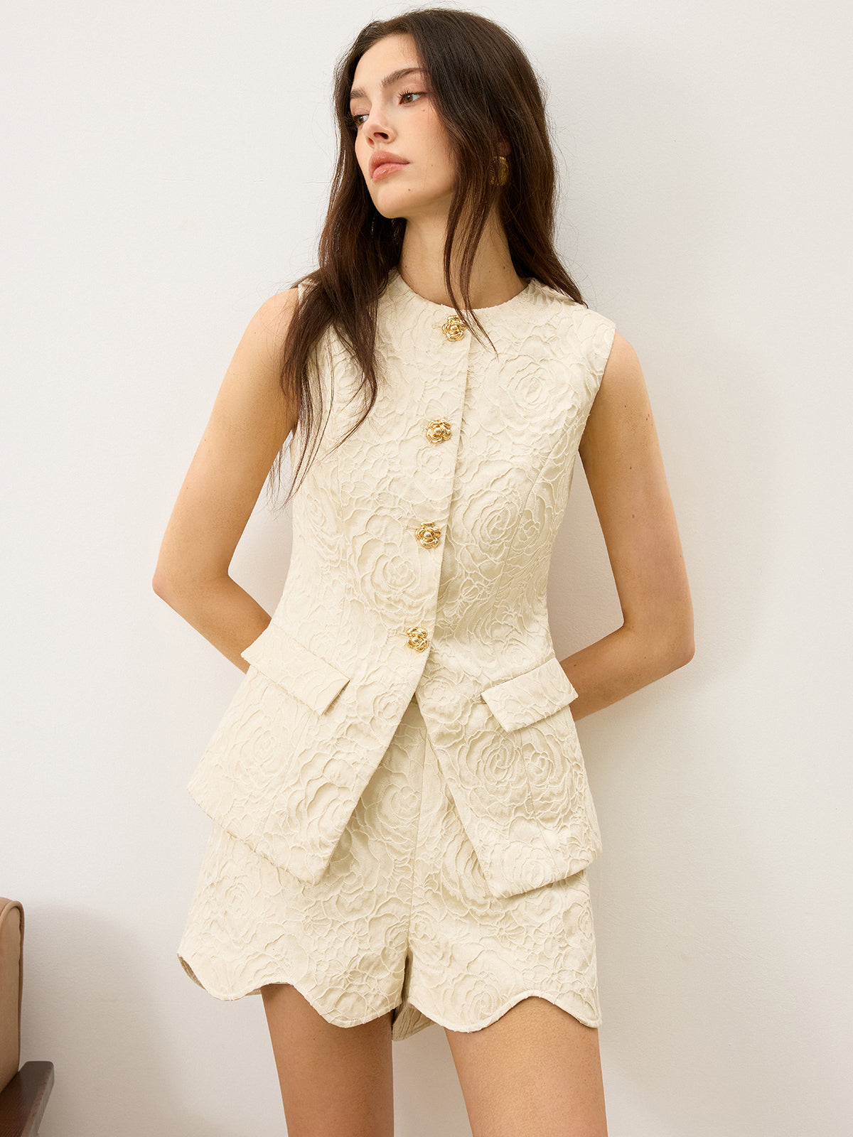 Textured Jacquard Vest with Metal Button