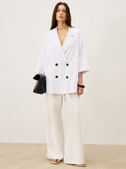 Linen&Cotton Oversized Striped Side Slit Double-Breasted Blazer