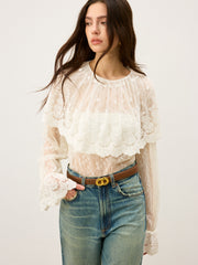 Semi-Sheer Ruffle-Trimmed Lace Flared-Sleeve Blouse