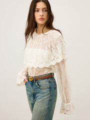 Semi-Sheer Ruffle-Trimmed Lace Flared-Sleeve Blouse