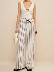 Striped Wide-Leg Pants with Peplum Waist